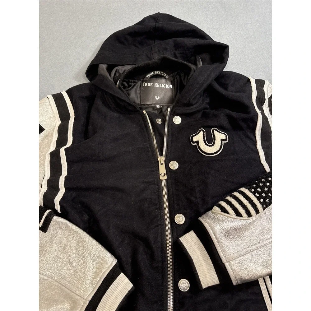 JACKET BOMBER LEATHER Varsity MEN MED MSRP $799  EXCELLENT JACKET TRUE‎ RELIGION